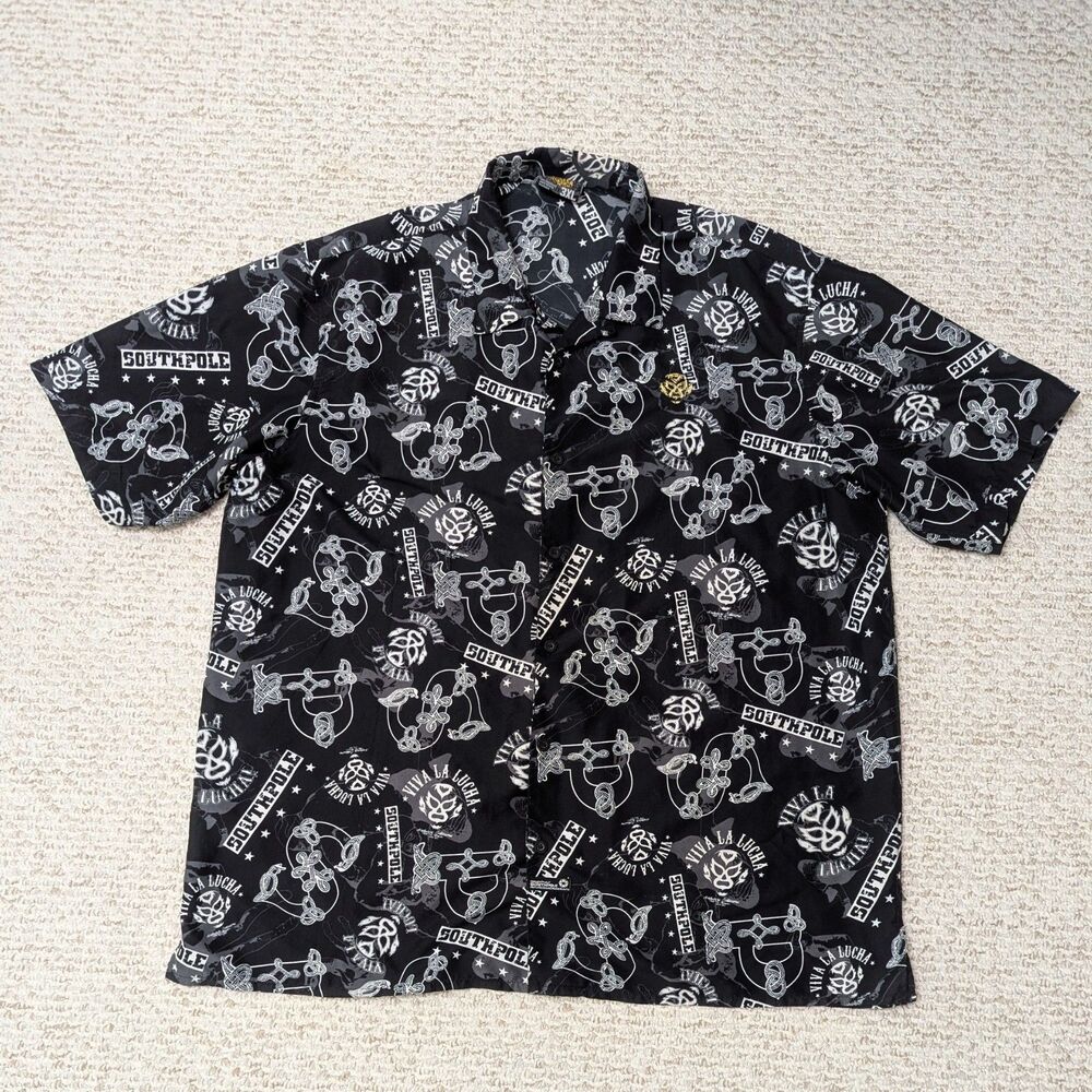 South Pole Mens 3XL Lucha Libre Print Button Up Y2K Streetwear Graphic Tee